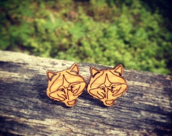 Natural Wood Wolf Stud Earrings