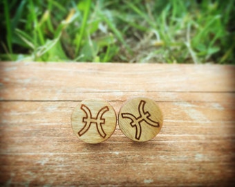 Pisces Zodiac Sign Wood Stud Earrings