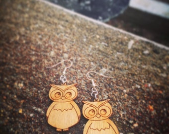 Wood Owl Dangle Earrings