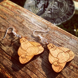 Wood Happy Buddha Earrings