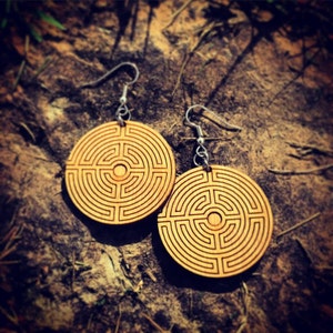 Wood Labyrinth Symbol Earrings
