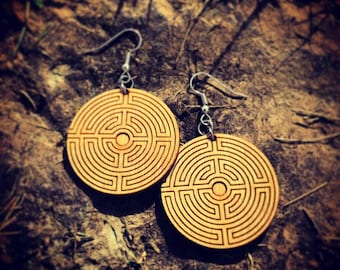 Wood Labyrinth Symbol Earrings