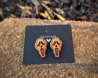 Wooden Ghost Face Scream stud Earrings
