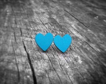 Teal Wood Heart Stud Earrings