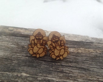 Wood Ganesha Elephant Stud Earrings