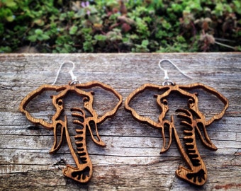 Large Wood Elephant Head Outline Earrings