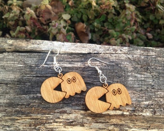 Wood Pac-Man and Ghost Earrings