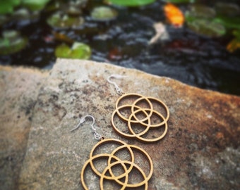 Wood Geometric Hoop Dangle Earrings