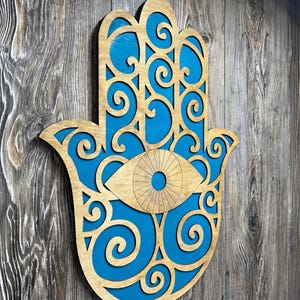 Large 24&quot; Wood and Teal Hamsa Wall Art
