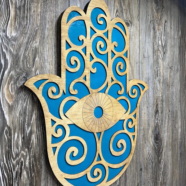 Large 24" Wood and Teal Hamsa Wall Art