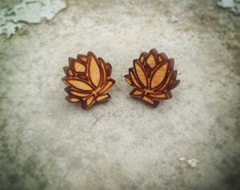 Wood Lotus Flower Stud Earrings