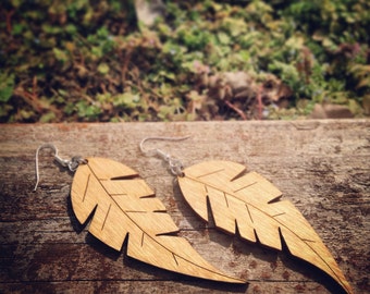 Large Wood Feather Earrings