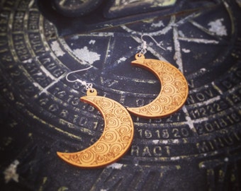 Wood Swirl Design Moon Style One Dangle Earrings