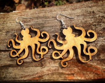 Wood Octopus Dangle Earrings