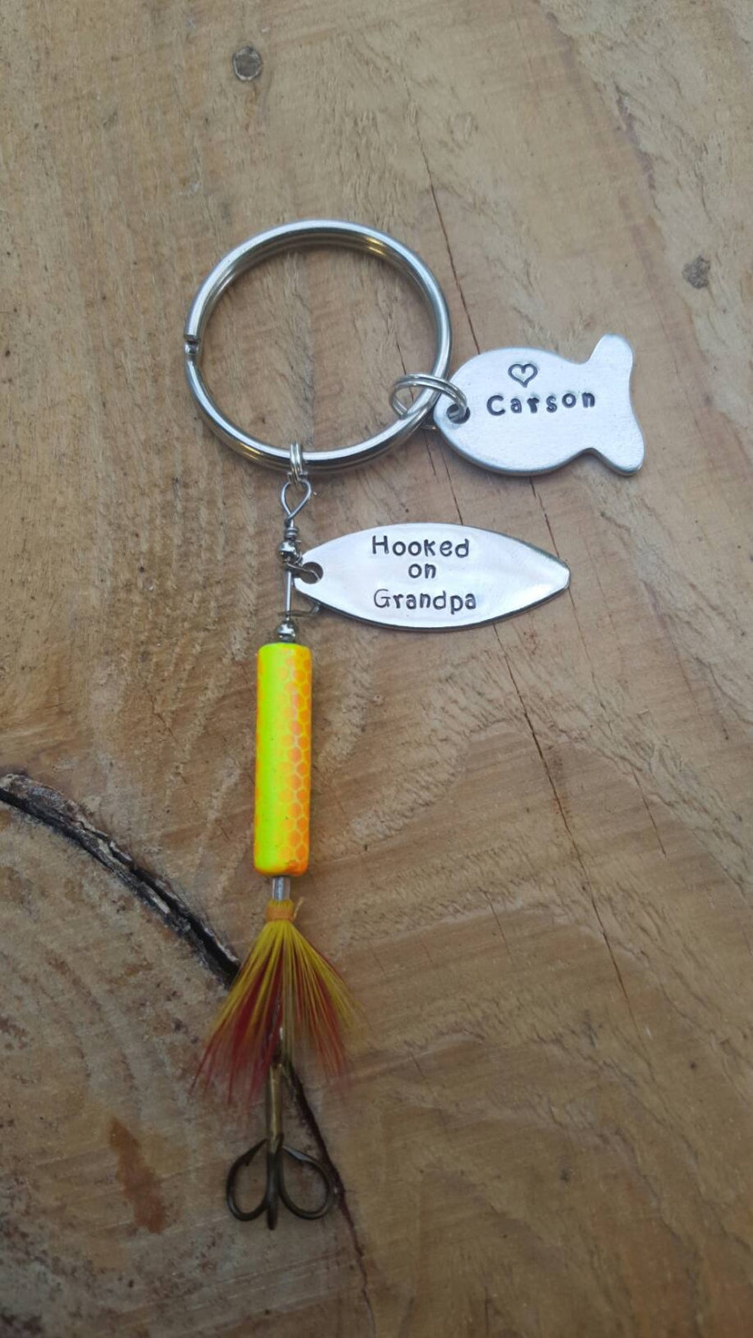 moeshandcrafted Fishing Lure Key Chain with Fish Names Hand Stamped, Personalized, Customized