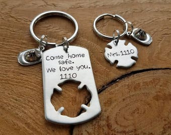 Firefighter Keychains With Dog Tag and/or Maltese Cross Personalized Just For You, Come Home Safe (juniper font)