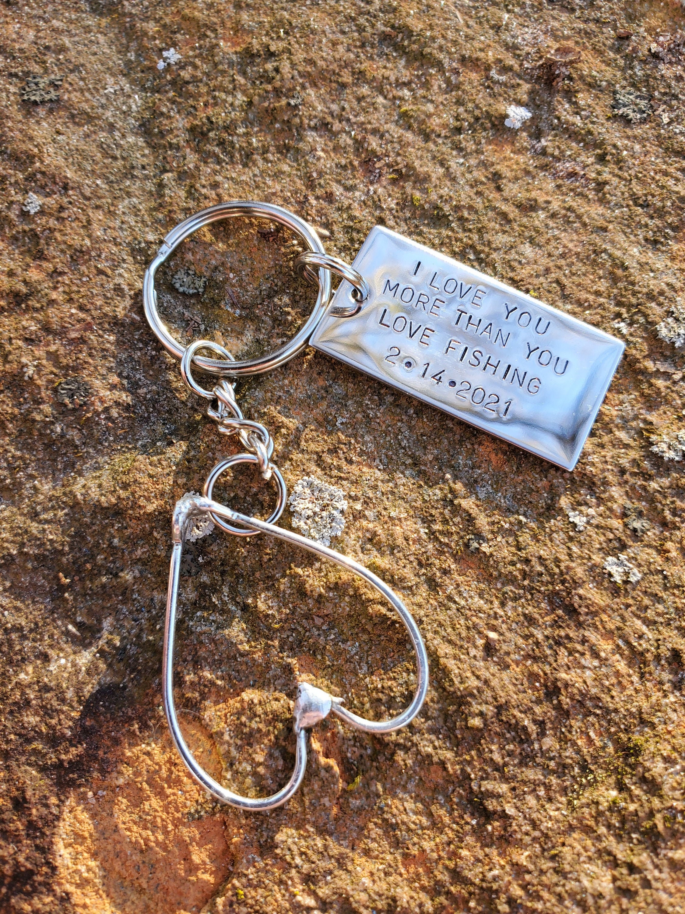 Real Fish Hook Heart Key Chain Personalized, Customized, I Love