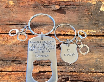Police Officer Keychain Set Hand Stamped Personalized Just For You, Protect and Serve to the highest degree REGULAR FONT