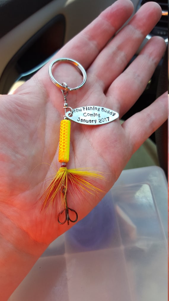 moeshandcrafted Personalized Birth Announcement Fishing Lure Keychain Hand Stamped