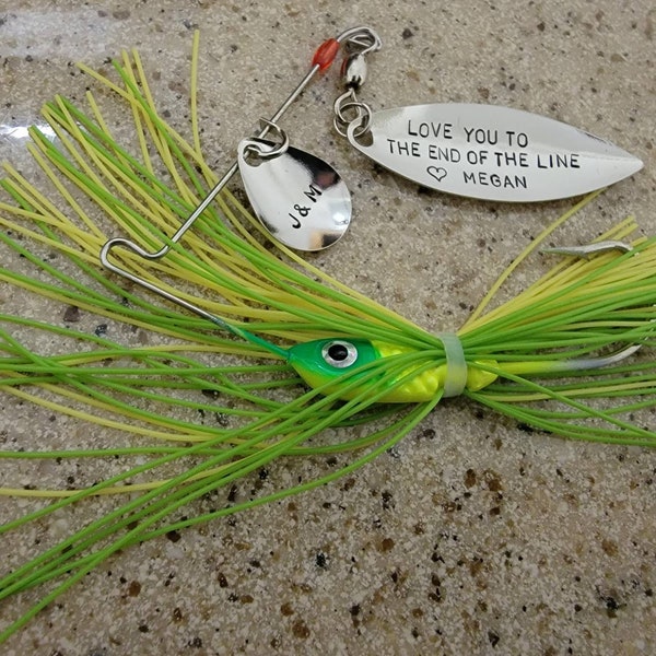 USABLE Fishing Lure Double Spoon Spinner Hand Stamped Personalized, Customized (2.0mm Font ALL CAPS) I Love You More Than You Love Fishing