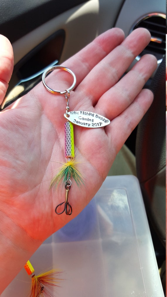 Personalized Birth Announcement Fishing Lure Keychain Hand Stamped