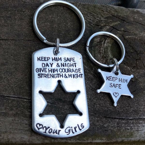 Sheriff's Keychain Set Hand Stamped Personalized Just For You Keep Him Safe Day and Night