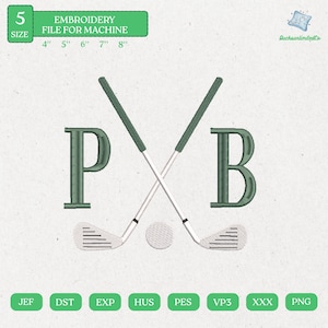 May include: An embroidery file for machine use featuring the letters "P" and "B" with crossed golf clubs and a golf ball. The design includes the text "EMBROIDERY FILE FOR MACHINE" and size options from 4" to 8".