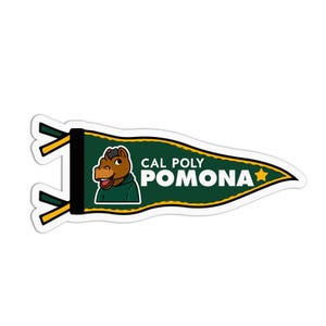 May include: A pennant-shaped sticker with a green background and the words "CAL POLY POMONA" in white. The sticker features a brown horse mascot wearing a green hoodie. A yellow star is on the right side of the pennant.