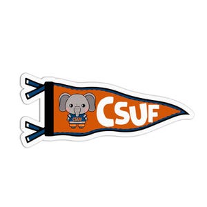 May include: Orange pennant-shaped sticker with the text "CSUF" in white. A cartoon elephant wearing a blue and orange outfit is on the left side of the pennant. The pennant has a black and blue handle.
