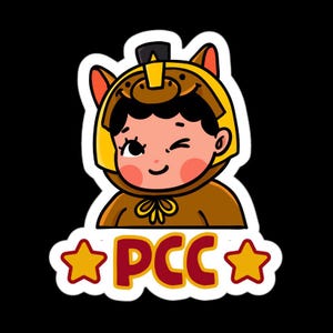 May include: A cartoon sticker of a child winking, wearing a brown and yellow horse costume. The sticker has the text "PCC" in red letters with yellow stars on a white cloud-shaped background. The background is black.