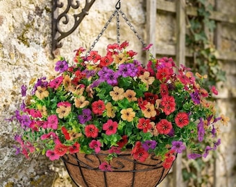 Scidweet 12 Pcs Artificial Hanging Flowers – Faux Plants in Coconut Basket, Outdoor & Indoor Spring Summer Decoration