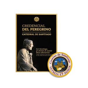 May include: A rectangular black Credencial del Peregrino document from the Catedral de Santiago featuring a gold scallop shell, a statue of a bearded figure, and text, alongside a round embroidered patch depicting a cathedral and a pilgrim.