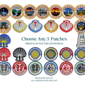 May include: A collection of circular and scallop-shaped embroidered patches featuring Camino de Santiago themes, including landscapes, shells, and cyclists. The Mojon patch measures 2.75 inches, while all other patches measure 2.25 inches in diameter.
