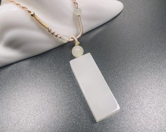 Colgante de jade nefrita blanco natural – Collar rectangular minimalista