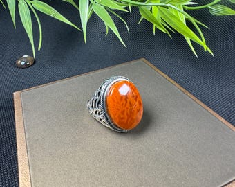 Anillo de ágata flameante / Plata vintage, piedra roja ardiente