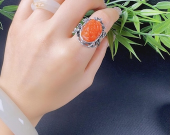 Anillo floral de ágata Nanhong tallado a mano / Engaste de plata vintage / Anillo tallado de coleccionista