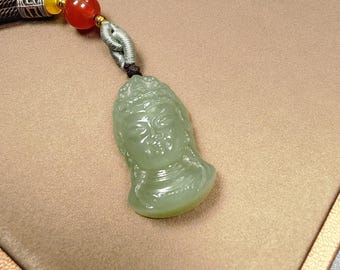 Collar con colgante Guanyin de jade nefrita natural fino, jade verde translúcido tallado a mano