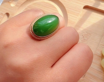 Anillo de jade nefrita natural ojo de gato – Anillo llamativo con cabujón verde – Regalo de joyería fina hecha a mano