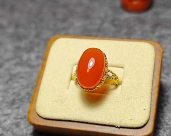 Anillo de ágata Nanhong, gema roja natural, banda ajustable de plata de ley.