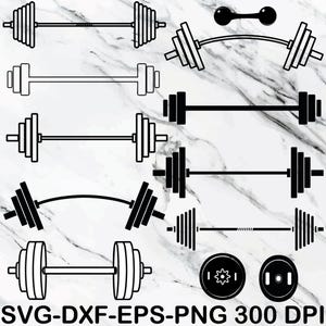 Puede incluir: Ilustraciones en blanco y negro de barras y mancuernas. La imagen incluye barras rectas, barras curvas y discos de pesas. El texto en la parte inferior dice "SVG-DXF-EPS-PNG 300 DPI".