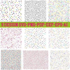 May include: Nine digital design patterns featuring colorful confetti and abstract shapes. The patterns include various color combinations and styles, perfect for digital art projects. The image also includes the text "9 DESIGN SVG-PNG-PDF-DXF-EPS-AI".