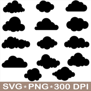 Clouds SVG, Set of Clouds, Clouds Clipart, Black Clouds, Fluffy Clouds PNG, Cute Clouds Bundle Pack, Instant Digital Download