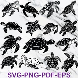 Könnte beinhalten: Eine Sammlung von Schwarz-Weiß-Illustrationen von Meeresschildkröten in verschiedenen Posen. Die Schildkröten haben detaillierte Schalenmuster und Flossen. Der Text "SVG-PNG-PDF-EPS" befindet sich unten und gibt Dateiformate an.