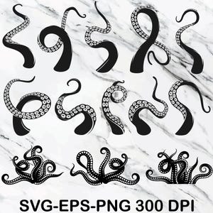 May include: Black octopus tentacles in various curved shapes with white suction cups. The tentacles are arranged on a white and gray marble background. The text "SVG-EPS-PNG 300 DPI" is at the bottom.