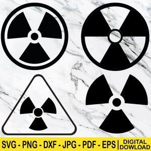Könnte beinhalten: Schwarz-weiße Gefahrensymbole für Strahlung in verschiedenen Designs. Enthält ein kreisförmiges Symbol, ein dreieckiges Warnschild und ein Halbkreis-Design. Der Text unten lautet "SVG - PNG - DXF - JPG - PDF - EPS | DIGITALER DOWNLOAD."