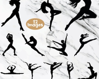 May include: A collection of 12 black silhouette images of dancers in various poses. The dancers are depicted in mid-air, performing leaps, stretches, and balances. The text "12 Images" is in a brown oval. The bottom of the image has text: SVG - PNG - DXF - JPG - PDF - EPS | DIGITAL DOWNLOAD.