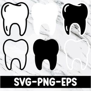 May include: A collection of six tooth illustrations in black and white, with varying styles including outlines and solid fills. The bottom of the image features the text "SVG-PNG-EPS". The background is a marble pattern.