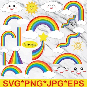 Puede incluir: Una colección de gráficos de arcoíris y nubes coloridos con caras sonrientes, junto con un sol y una estrella amarillos. La imagen incluye el texto "19 Images" y "SVG*PNG*JPG*EPS". Estos gráficos son adecuados para varios proyectos de diseño.
