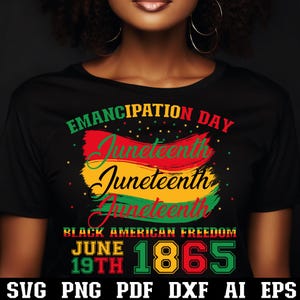 May include: Black t-shirt with a colorful graphic celebrating Juneteenth. The design includes the words "Emancipation Day" and "Juneteenth" in red, green, and yellow, along with the date "June 19th, 1865". The bottom of the shirt displays the file types: SVG, PNG, PDF, DXF, AI, EPS.