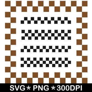 Op de afbeelding: Digitale afbeelding met een witte achtergrond, bruine en zwarte geblokte randen en patronen. De afbeelding bevat de tekst "SVG * PNG * 300DPI" in het zwart onderaan.